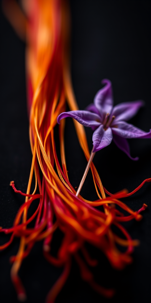 high-resolution macro photograph of vibrant saffron threads and purple saffron flowers on a black background, using a DSLR camera with a 100mm macro lens, aperture f/2.8 for shallow depth of field, ISO 100, and a shutter speed of 1/200 sec, soft natural lighting from one side to enhance textures and colors