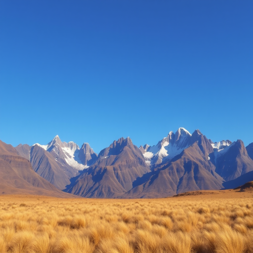 generate a landscape image of rugged mountains with snow-capped peaks under a clear blue sky and a foreground of golden grassland
