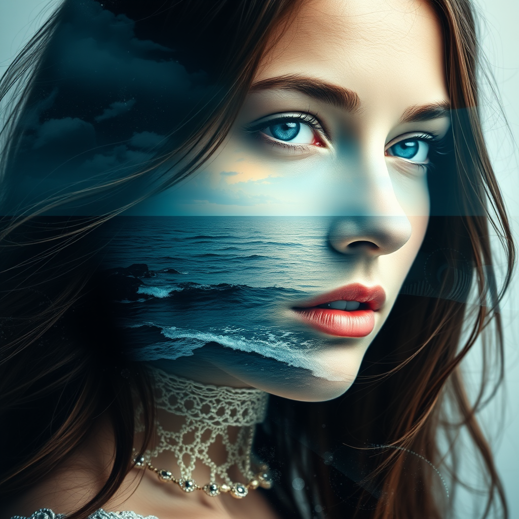 this image is Book cover, A surreal double exposure portrait that blends a woman's face with a beautiful seascape. The overall mood is dreamy and mystical, with rich colors and intricate details