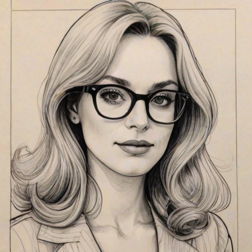 Fetching Malin 'kerman, pencil sketch, portrait of Alluring woman 1978s in glasses, hair style beatnik, outline, clear lines, fine lines, 8k
