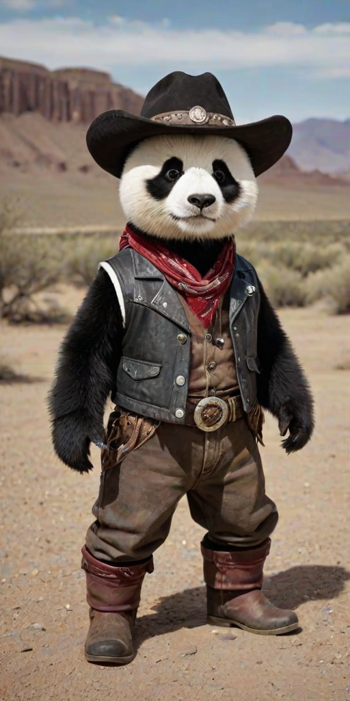 The image is a high-resolution photograph of a charming panda named Huahua, depicted standing in a rugged, dusty landscape reminiscent of the American Wild West. Huahua has her distinctive black and white fur, and she is dressed in classic cowboy attire, complete with a wide-brimmed hat, leather vest, bandana, and sturdy boots. The outfit is detailed with fringe and decorative stitching, giving Huahua an authentic Western look.