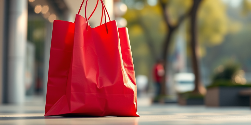 high-resolution image of a red shopping bag, soft natural lighting, shallow depth of field, captured with a DSLR camera at f/2.8, ISO 100, 50mm lens, center-framed with a slight angle for depth
