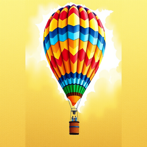 Create a vibrant watercolor illustration of a hot air balloon with a colorful geometric pattern, set against a textured golden background, using a DSLR camera with a 50mm lens, f/2.8 aperture, ISO 100, shot from a low angle perspective to emphasize the balloon's height and detail.