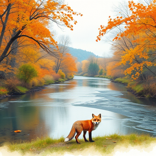 Generate a high-resolution watercolor landscape featuring a serene river scene with autumn trees in vibrant colors and a fox in the foreground, shot with a Canon EOS R5 at f/8, ISO 100, 24mm lens, in a wide-angle view.