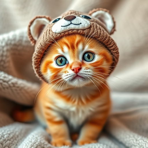 A cute orange tabby cat wearing a bear-themed hat with large expressive eyes sitting on a soft blanket background. The cat has a curious and adorable expression, making it look playful and charming.