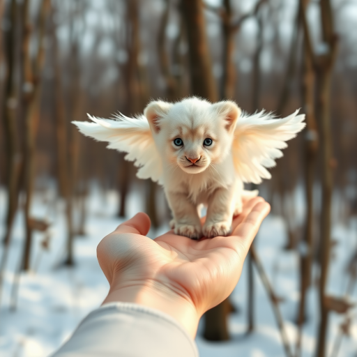A small, white lion cub with angelic wings standing on a human hand. The cub has a soft, fluffy texture with detailed fur, expressive blue eyes, and a curious expression. The wings are large and feathery, blending seamlessly with its fur, giving an ethereal appearance. The background is a winter forest, with the ground covered in snow and blurred brown trees, creating a serene atmosphere. The human hand in the foreground is positioned palm-up, supporting the lion cub gently, fingers slightly curled. The lighting is soft and diffused, enhancing the tender and magical feel of the scene. Colors are predominantly neutral with white, cream, and soft browns, contrasting with the subtle blue of the lion cub's eyes. The overall composition is balanced, with the cub at the center, creating a focal point that draws the viewer's attention immediately.