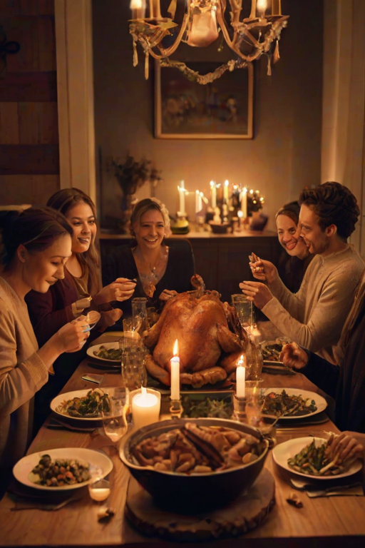Warm, intimate image of a group of friends gathered around a dining table for a holiday feast, soft glow from candles casting warm shadows, with the smell of roasted turkey and cinnamon filling the air.