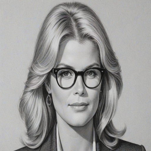 Dazzling Candice Bergen, pencil sketch, portrait of Captivating woman 1976s in glasses, hair style beatnik, outline, clear lines, fine lines, 8k