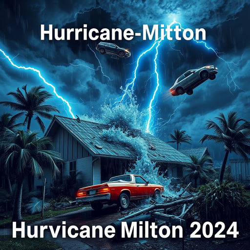 Hurricane Milton blows a roof off a home. Strong winds and rain blows sideways. Palm trees uprooted and bent over. Cars flying through the sky with debris. Sky is dark with thunder storms. Lightning strikes are fluorescent blue. Add text Hurricane Milton 2024