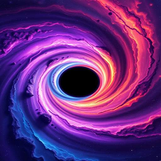 Create an image of a vibrant cosmic scene featuring a swirling black hole at the center with vivid colors like purple, orange, and blue merging around it, captured using a DSLR camera with a 24mm lens, aperture set to f/8, ISO 200, at a wide-angle view, in a high-resolution style.