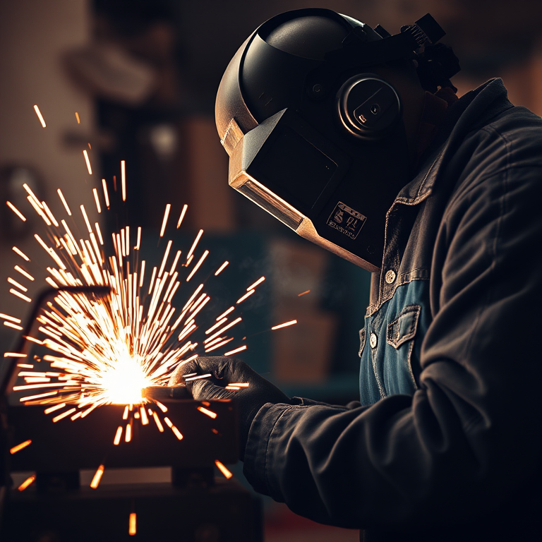 welding scene with a skilled worker in protective gear using a welding machine in a workshop, dynamic sparks flying, low depth of field, ISO 400, f/2.8, 1/250s, shot on a DSLR camera with a 50mm lens, warm lighting and high contrast to enhance details