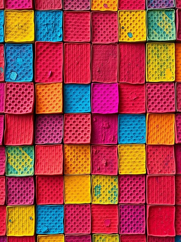 Create an abstract image with vibrant colors in a textured, grid-like pattern, using a DSLR camera with a 50mm lens at f/2.8, ISO 200, and a shutter speed of 1/250 second, capturing the scene from a top-down view with vivid saturation and high contrast.