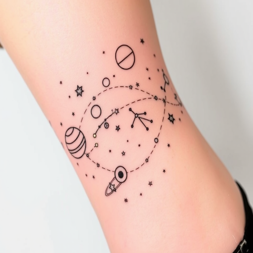 Minimalist line art tattoo titled "Celestial Dance" showcasing a continuous single-line drawing of planets, stars, and constellations, with small pops of metallic gold ink to highlight key celestial bodies