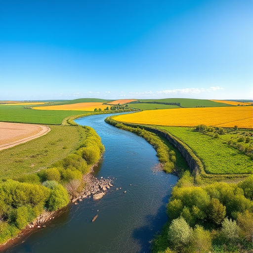 Generate a high-resolution image of a serene landscape with a clear blue sky, vibrant green fields, and a tranquil river flowing through the scene, using a DSLR camera set at f/8 aperture, ISO 100, 1/200 sec shutter speed, with a wide-angle lens to capture a panoramic view in natural light.