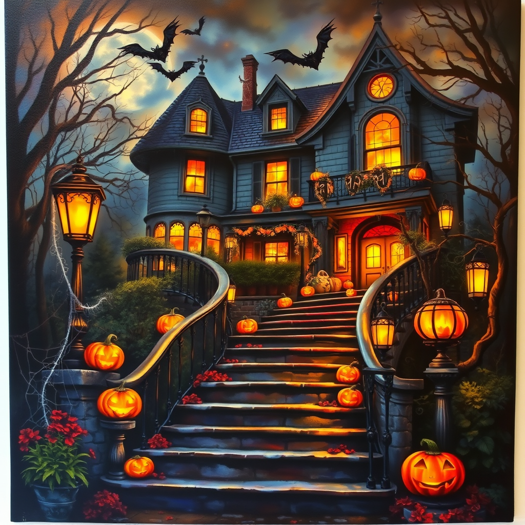 airbrushed oil painting, halloween theme, a haunted house, stairs, highly decorated, illuminated, lanterns, jack o'lantern, bats, webcobs
