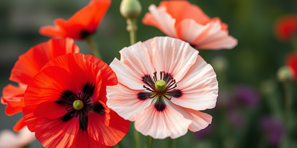 Generate a high-resolution image of a bouquet of red and white poppy flowers, using a Canon EOS R5 camera with a 50mm f/1.2 lens, aperture set to f/2.8, ISO 100, natural lighting, and a soft focus background to enhance the vibrancy of the flowers.
