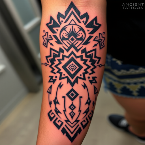 Tribal-inspired tattoo titled "Ancient Roots" incorporating bold geometric patterns and symmetrical designs inspired by various indigenous cultures around the world