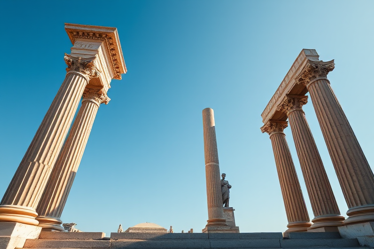 Create a realistic image of two classical Greek columns, Canon EOS R5, ISO 100, f/4, 1/250s, wide angle view, natural daylight, high resolution.