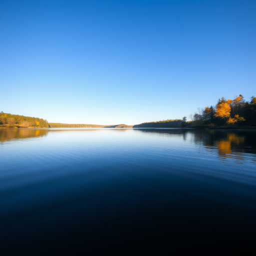 A serene lake at sunrise with clear blue skies and autumn-colored trees reflecting on the water, captured with a Canon EOS R6, 24mm lens, f/8 aperture, ISO 100, and a slow shutter speed to enhance the smoothness of the water surface.