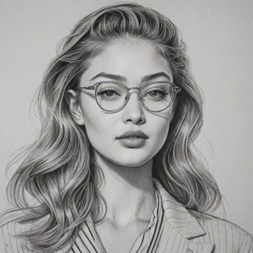 Graceful Gigi Hadid, pencil sketch, portrait of Fascinating woman 1947s in glasses, hair style beatnik, outline, clear lines, fine lines, 8k
