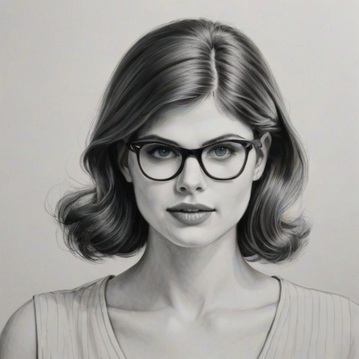 Stunning Alexandra Daddario, pencil sketch, portrait of Stunning woman 1955s in glasses, hair style beatnik, outline, clear lines, fine lines, 8k