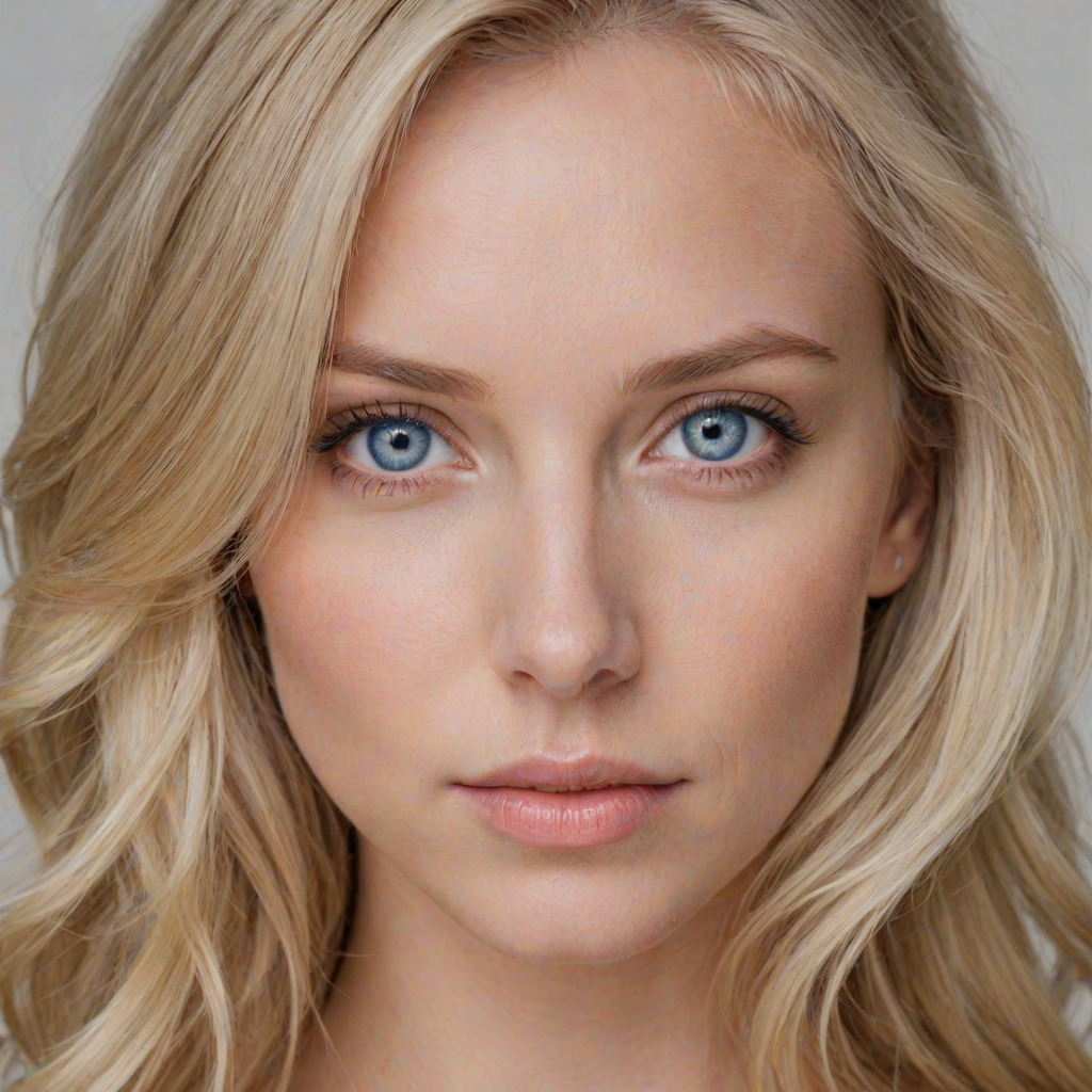 three quarter shot of a woman, blonde hair, perfecteyes, blue eye