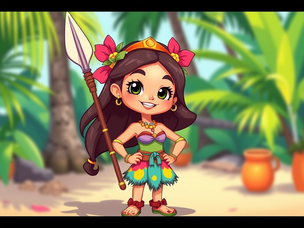 Create a vibrant and colorful illustration of a cartoon girl holding a spear, standing confidently with a charming smile, in a tropical setting, using a DSLR camera with a 50mm lens at f/2.8, ISO 100, with a slight bokeh effect to enhance the character's features.