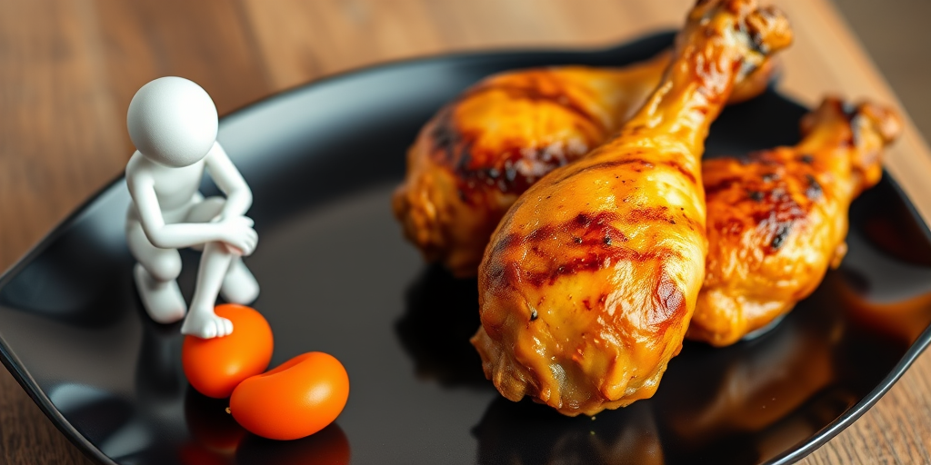 Generate an image of a stylized humanoid figure squatting near two golden-brown grilled chicken drumsticks on a sleek black plate, shot with a Canon EOS R5, 50mm f/1.8 lens, f/2.8 aperture, ISO 100, and natural lighting for enhanced clarity and detail.