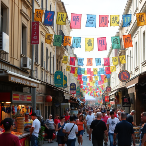 Bustling street festival, with colorful banners hanging between buildings, food stalls serving local delicacies, and musicians performing on makeshift stages.