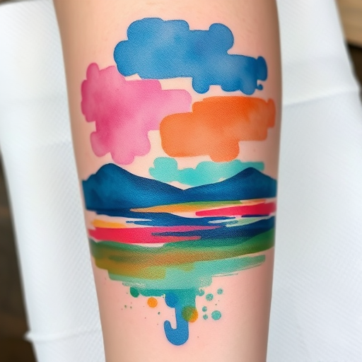 Watercolor brush stroke tattoo called "Impressionist Dream" featuring loose, fluid strokes of vibrant colors blending together to create an abstract landscape inspired by impressionist paintings