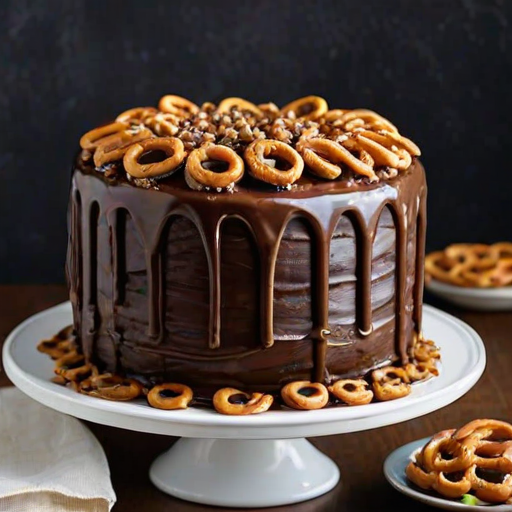 Create an image of a tall chocolate cake with smooth chocolate frosting. The top should have decorative swirls of frosting and be adorned with pretzels. The sides should feature a cascade of chocolate ganache dripping down, while the base is covered with crushed pretzels and oats for texture. The cake should be presented on a white cake stand with a clean, bright background.