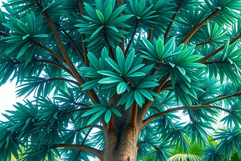 Create a vibrant digital illustration of a tropical tree with lush teal foliage, captured with a Canon EOS R5 at f/2.8, ISO 100, using a macro lens for detailed texture, with a soft focus background to enhance the tree's vivid colors.