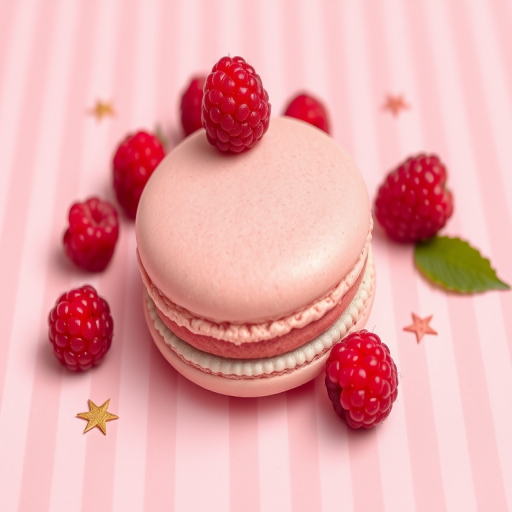 Create a high-resolution vector illustration of a raspberry macaron on a soft pink striped background, with decorative elements like stars and raspberries, using a Canon EOS R5 camera, 50mm lens, f/2.8 aperture, ISO 100, shooting in RAW format for enhanced image quality.