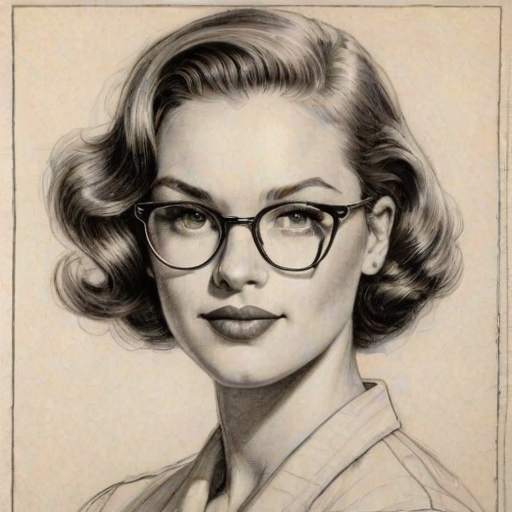 Captivating Elle Duncan, pencil sketch, portrait of Sublime woman 1942s in glasses, hair style beatnik, outline, clear lines, fine lines, 8k