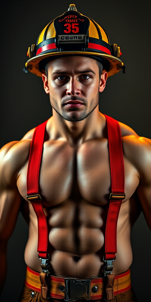 create a high-resolution image of a muscular firefighter wearing red suspenders and a fire helmet, using a Canon EOS R5 camera with a 50mm lens, aperture f/1.8, ISO 100, in a studio with dramatic lighting and a shallow depth of field, focusing on the subject's defined physique and expression