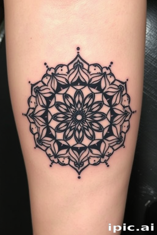 Geometric mandala tattoo named "Sacred Symmetry" featuring intricate patterns and shapes in perfect balance. Delicate dotwork shading adds depth and dimension to the design, while clean lines create a mesmerizing optical effect. Black ink dominates the piece, with subtle touches of white ink highlighting key elements for added contrast.