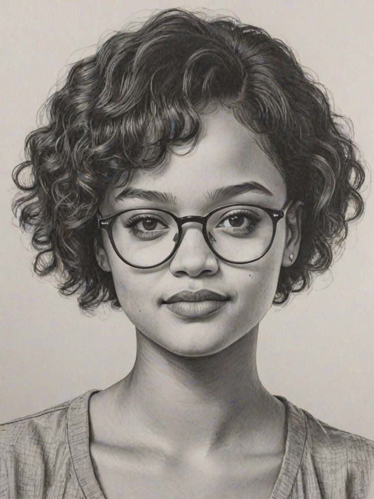 Delightful Kiersey Clemons, pencil sketch, portrait of Superb woman 1979s in glasses, hair style beatnik, outline, clear lines, fine lines, 8k