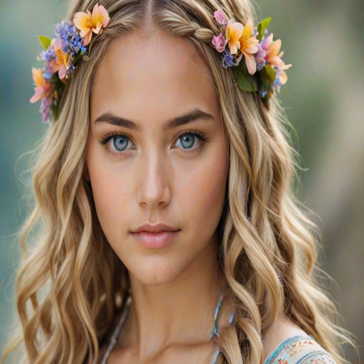 Create an image of a young Pacific Islander woman with long, wavy blonde hair, adorned with small, colorful flowers woven into her braids and loose strands. Her complexion is fair, with soft, glowing skin, and she has light blue eyes that gaze softly at the viewer. She wears a light, flowing dress with a gentle, ethereal quality, complementing her delicate and serene appearance. The background is slightly blurred, drawing focus to her tranquil expression and the intricate details of the flowers in her hair. The overall mood of the image is one of natural beauty and grace, evoking a sense of peacefulness and connection with nature.