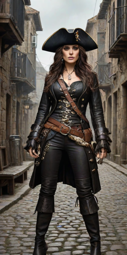 Create a portrait of a fierce female pirate. She wears a leather tricorn hat adorned with a skull and crossbones emblem, and her long, dark hair flows around her face. Her outfit consists of a richly detailed leather jacket, a corset, and multiple layers of belts and accessories, giving her a formidable and stylish appearance. She stands confidently in a dimly lit, historic port town, with a backdrop of weathered buildings and cobblestone streets, capturing the adventurous spirit of a pirate.