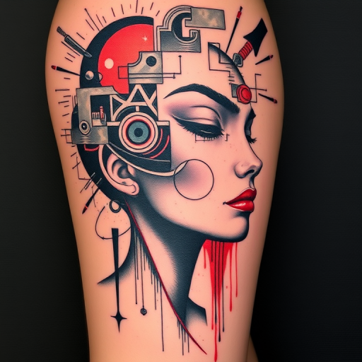 Avant-garde tattoo called "Fragmented Reality" blending abstract shapes, distorted portraits, and surreal elements in a collage-like composition, challenging traditional tattoo conventions with its experimental approach