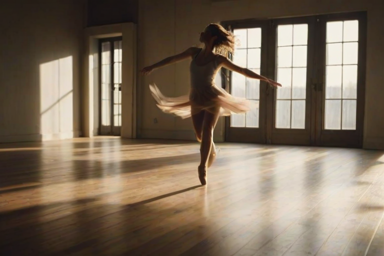 Blurry action shot of a dancer spinning gracefully in a dimly lit studio, her movements a blur of motion, with soft light filtering through large windows and casting long shadows on the wooden floor.