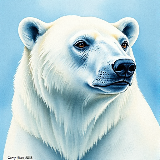 Create a detailed watercolor painting of a polar bear with a focus on intricate fur textures and vibrant blue background tones, shot with a Canon EOS R5, 50mm lens, aperture f/2.8, ISO 100, natural lighting to enhance color richness and clarity.