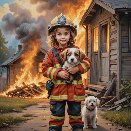 airbrushed oil painting, pixar style, cute little girl in fireman gear, helmet, tousled hair, expressive eyes, standing in the doorstep of a cottage burning behind him, holding a cute little dog in her arm, atumn sky