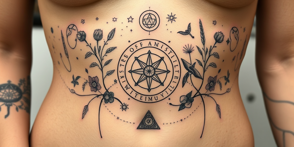 Elegant fine line tattoo named "Whispers of Antiquity" featuring delicate botanical illustrations intertwined with ancient symbols and constellations, creating a harmonious blend of nature and mysticism on the ribcage