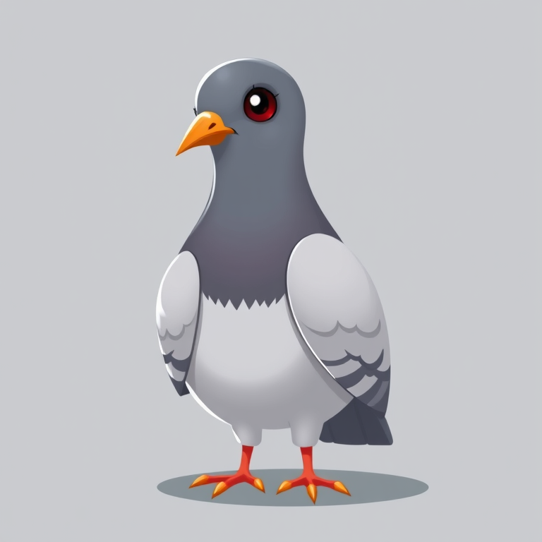 Create a high-resolution digital illustration of a cartoon-style pigeon with a light gray body, darker head, and bright orange beak, using a Canon EOS 5D Mark IV with an f/2.8 aperture, 50mm lens, and a soft natural light setting for optimal detail and vibrancy.