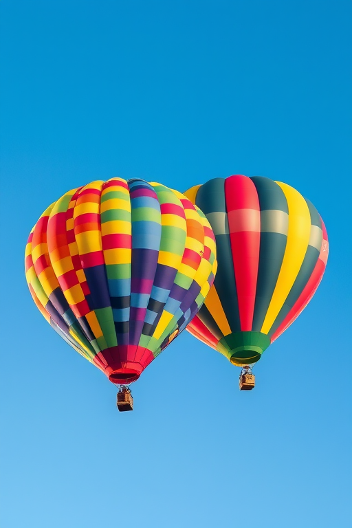 Create an image of two colorful hot air balloons in the shape of zeppelins against a clear blue sky, taken with a DSLR camera at f/8, ISO 100, 1/200 sec, using a wide-angle lens at 24mm for a vibrant, high-quality effect.
