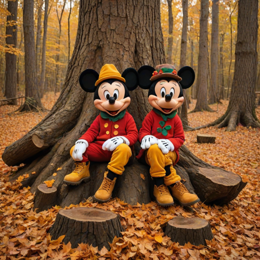 create a cartoon style of Mickey and Minnie wear Fall theme colored sweat suits with timberland boots and Bernie hats sitting together on a big tree stump surrounded by large color pile of raked leaves