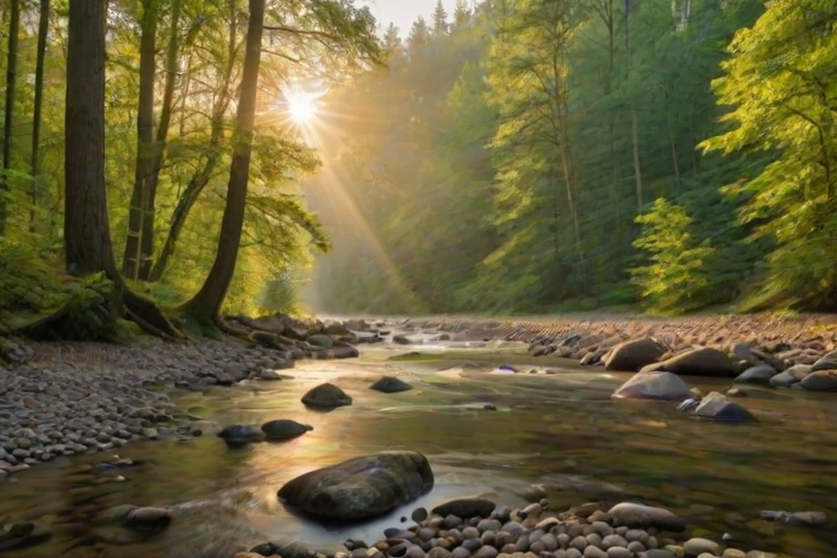 Create an image of a serene, sunlit forest scene with a clear, gently flowing river. Tall trees with lush green foliage line both sides of the river, their leaves bathed in the warm golden light of the setting or rising sun. The sunlight filters through the trees, casting soft, dappled light on the river, which flows over smooth rocks and pebbles, creating a peaceful, natural atmosphere. The sky is bright with a few scattered clouds, and the overall mood is tranquil, evoking a deep sense of connection with nature. The image captures the beauty of a calm, pristine forest landscape at either dawn or dusk.