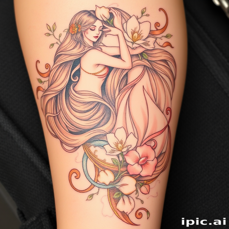 Elegant Art Nouveau tattoo named "Mucha's Muse" inspired by the flowing lines and natural motifs of the iconic art movement. Graceful female figures with long, flowing hair intertwine with delicate flowers and swirling patterns. A soft, muted color palette of pastels and gold accents enhances the romantic, dreamlike quality of the design.