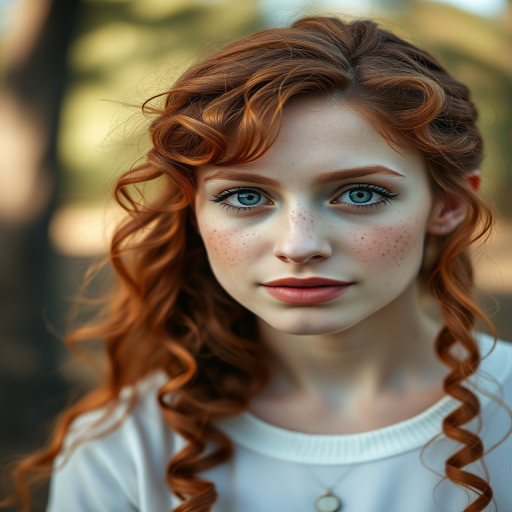 portrait of a young woman with long, curly red hair and freckles, soft focus background, taken with a Canon EOS R5, 50mm lens, f/1.8, ISO 100, natural light, slight bokeh effect